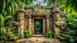 © AK2478 - Intricately carved stone pillars, adorned with serpents and mystical symbols, line the entrance of an ancient Mayan temple, surrounded by lush tropical foliage and vines.