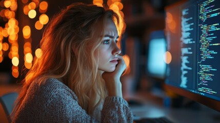 Unhappy Sad Developer Programmer Woman In Stress Coding Software On Computer, Generative AI
