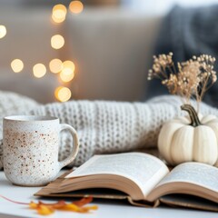 Canvas Print - Cozy Autumn Moment With Coffee, Book, and Decorative Elements in a Living Room