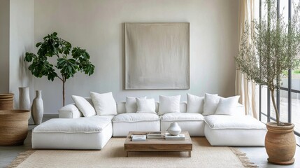 A modern minimalist living room with a large white sofa and potted plants. The clean and neutral design creates a calm and inviting atmosphere. Perfect for interior design, home decor, or real estate 