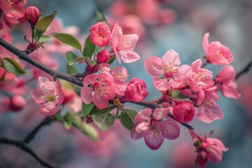 Wall Mural - A close-up view of pink flowers blooming on a tree branch