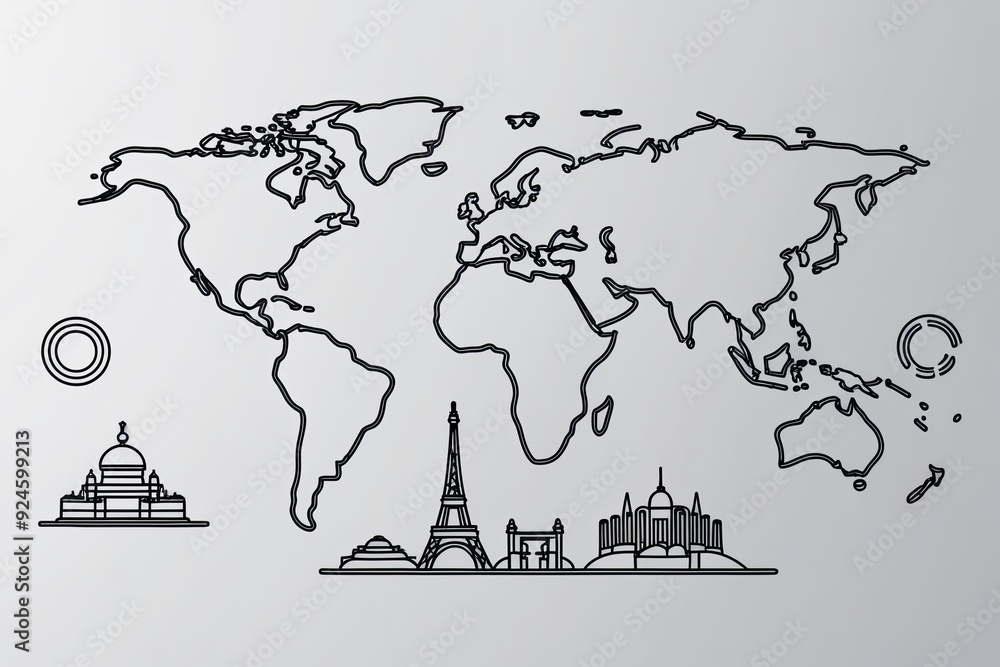 Elegant Line Art of Iconic Global Landmarks on Minimalist White ...