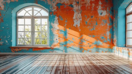 Old wall and wooden floor backdrop. Old vintage backdrop for product presentation.