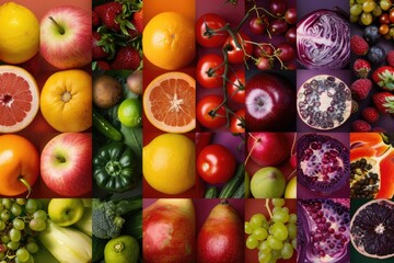 Poster - A colorful collage of various fruits and vegetables on a wooden board