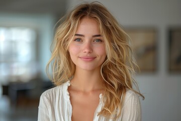 portrait of a cheerful turquoise eye of woman with blonde hair smiling in a white top, highlighting 