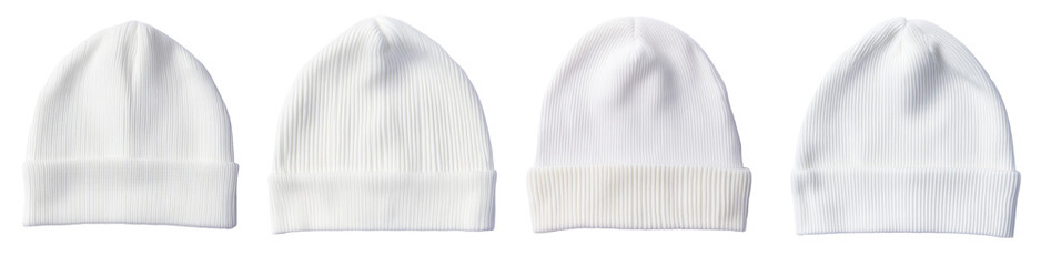 White beanie hat isolated on white background. Top view of trendy youth headwear