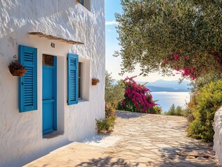 A white house with blue shutters and a blue door