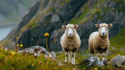 Wall Mural - Sheep standing on a hillside with green grass, suitable for agriculture or nature themed designs