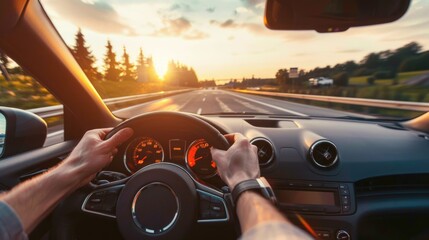 Wall Mural - A person behind the wheel of a vehicle cruising down a road as the sun sets in the background