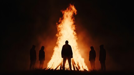 Witches' bonfire ritual, mystical shadows, night sky illumination, occult ceremony