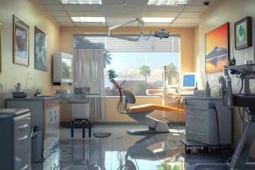 Poster - A modern dentist's office with a large window, perfect for natural light and calming atmosphere