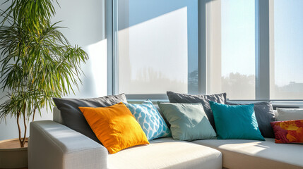 Wall Mural -  visual featuring motorized roller blinds on full-height windows in a room. The scene includes a sofa adorned with colorful pillows, situated near the windows with sunscreen curtains