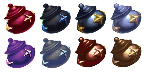 Asset multicolor gold blue silver black blue witch cauldron 3d illustration freehand drawing casual style shiny metal object game graphics resource icon neon light round pot props gold silver vessel