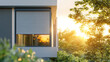 © Mahmud - visual featuring roller blinds installed on a panoramic window of a modern house. The external shutters are shown providing sun protection and privacy for the exterior of the home.