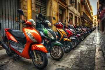 Sticker - A row of motorcycles parked on the side of a street, great for travel or transportation themed projects