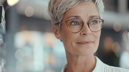 Wall Mural - An optician helps a woman choose new frames. Headshot, eyeglasses, and retail with a woman buying glasses at an optometrist