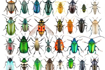 Sticker - A group of colorful beetles or bugs arranged on a white background, great for science, education, and design uses