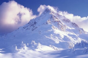 A Snowy Mountain Peak with Clouds and Trees