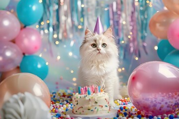 A fluffy cat wearing a party hat sits gracefully amidst vibrant balloons and a decorated cake, capturing the joy of a birthday celebration.