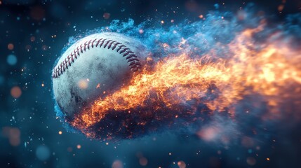 Closeup Baseball Flying with blue particle flames,Baseball ball speed fast magic effect in blue flames,Baseball player hitting ball with bat,home run,stadium,grandstand,sport day,space for text.