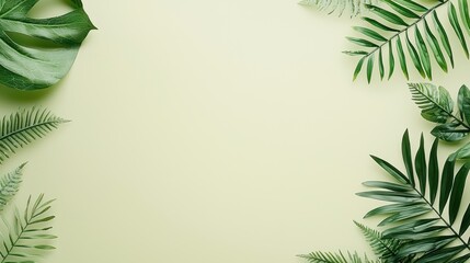 Wall Mural - Serene Monotone Green Tropical Leaves on Pale Yellow Background for Minimalistic Design with Copy Space, Generative Ai