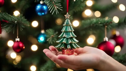 Wall Mural - Close-up of a person's hand holding a sparkling Christmas tree decoration on a Christmas tree illuminated with bright lights and decorated with Christmas tree toys. Christmas and New Year concept.