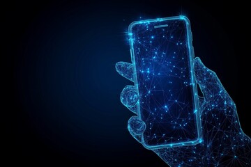 Wall Mural - Image of a smartphone in hand resembling a starry sky or space, with points, lines, and shapes depicting planets, stars, and the universe.