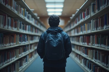 A person walks down a library aisle with a backpack