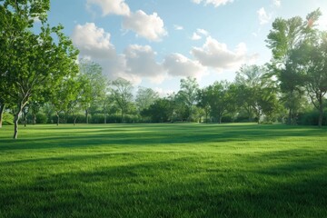 Wall Mural - Lush green grass and towering trees in the distance, ideal for outdoor or nature-themed projects