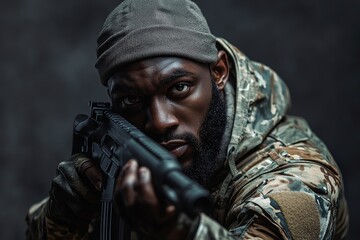 Black soldier checks his weapon. Mercenary man with rifle in hand on dark gray background. Outlaw, ghetto, patriotic war, armed attack concept, Generative AI