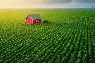 A Red House Amidst a Lush Green Field of Crops