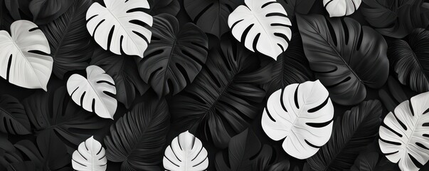 Wall Mural - Monochrome Abstract Tropical Foliage Pattern on Solid Color Background, Generative Ai