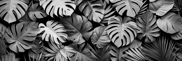 Sticker - Monochrome Abstract Close-Up of Tropical Leaves on Solid Color Background - Minimalist Botanical Art, Generative Ai