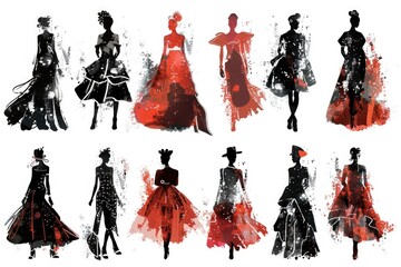 Sticker - A collection of women's silhouettes wearing dresses and hats, great for use in fashion, beauty, or lifestyle images