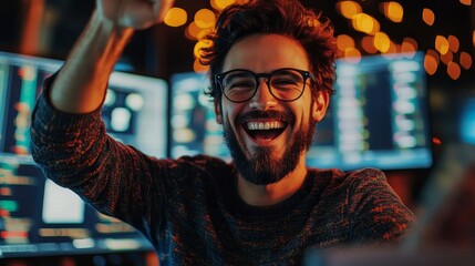 Happy Excited Male Programmer Raising, Generative AI