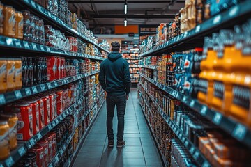 Man in a Hooded Sweatshirt Walking Through a Grocery Aisle