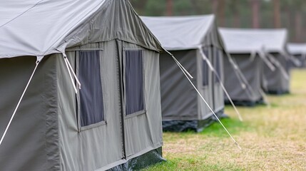 Wall Mural - gray military tents nestled in a sunny pine forest during spring