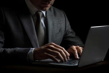 Business man working on laptop computer with digital tablet on table at home office, male hands typing on notebook keyboard, telecommuting, online job, working at, Generative AI