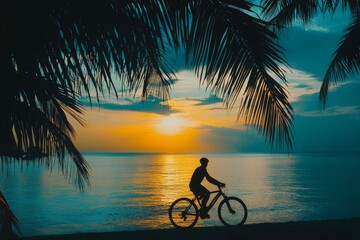 Sunset silhouette  man cycling on beach coast, palm tree shadow, healthy leisure activity