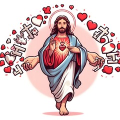 jesus christ with heart of love and symbols of faith