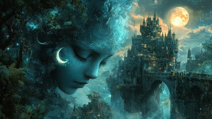 Wall Mural - A 3D fantasy fairytale dreamland illuminated with blue light, the future, science, surreal, moon, city, a ghost, and the dark