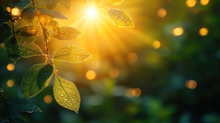 Wall Mural - Sunlit Leaves with Water Droplets in a Bokeh Background