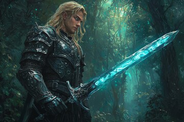 In a mystical forest, an Elf fantasy warrior holds a magical greatsword