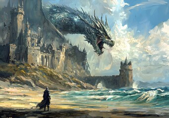 Wall Mural - KING walking along sea beach with fantasy castle in background in illustration painting