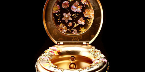 A golden toilet bowl with flowers around