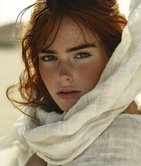 Wall Mural - A young girl with red hair and freckles stares intently at the camera. The concept of the image shows a woman in the hood wearing desert clothes.