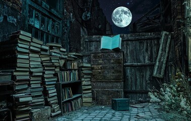 Stack of old books as a street of a city. 3D illustration of a library concept. Fantasy literature.