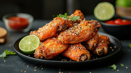 Chicken wings with sweet and sour sauce. Roast chicken wings BBQ. Fast food. Plate of delicious barbecue chicken wings. Korean fried chicken. Spicy chicken wings. Copy space area