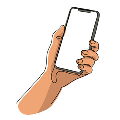 Continuous One Line Art of Hands Using Gadgets with Organic Color. Vector Illustration of Handphone in Minimalist Style.