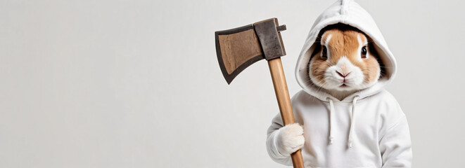 A bunny wearing a white hoodie and holding an axe, plain background